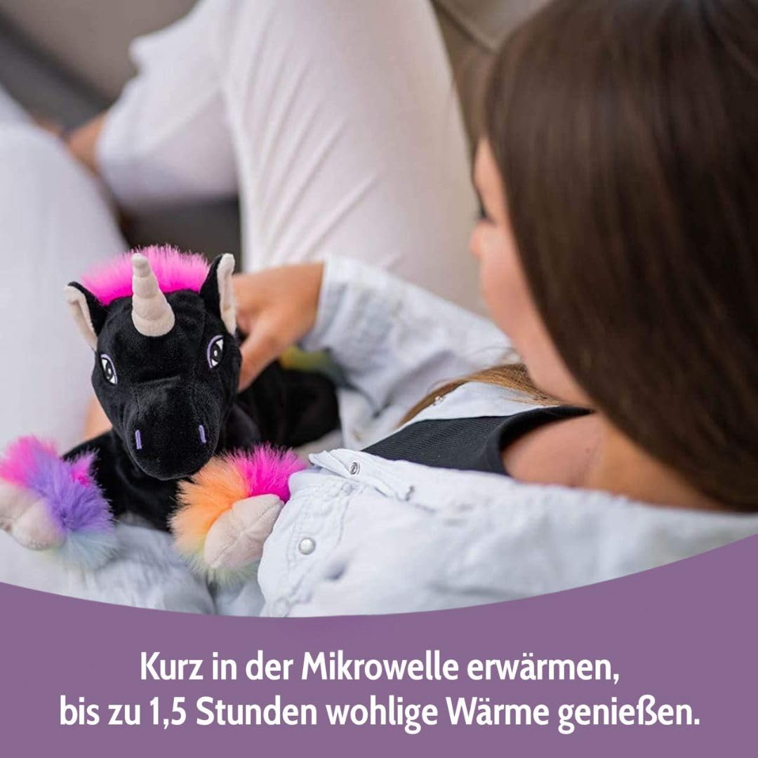 Habibi Premium Wärmekissen/Stofftier f. Kinder u. Erwachsene - 1848 Einhorn Black Rainbow, herausnehmbare Hirsefüllung - Wärmekuscheltier zum Erwärmen in der Mikrowelle/Backofen, ideal auch für Babys