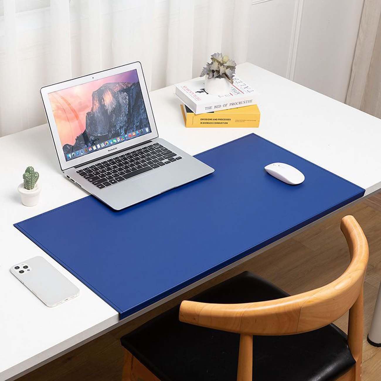Leather Desk Pad with Edge Protector, Office Desk Mat for Writing Working Typing, Edge-Locked Large Mouse Mat, Comfortable Waterproof Wipeable Table Protector (60x120cm,Navy)