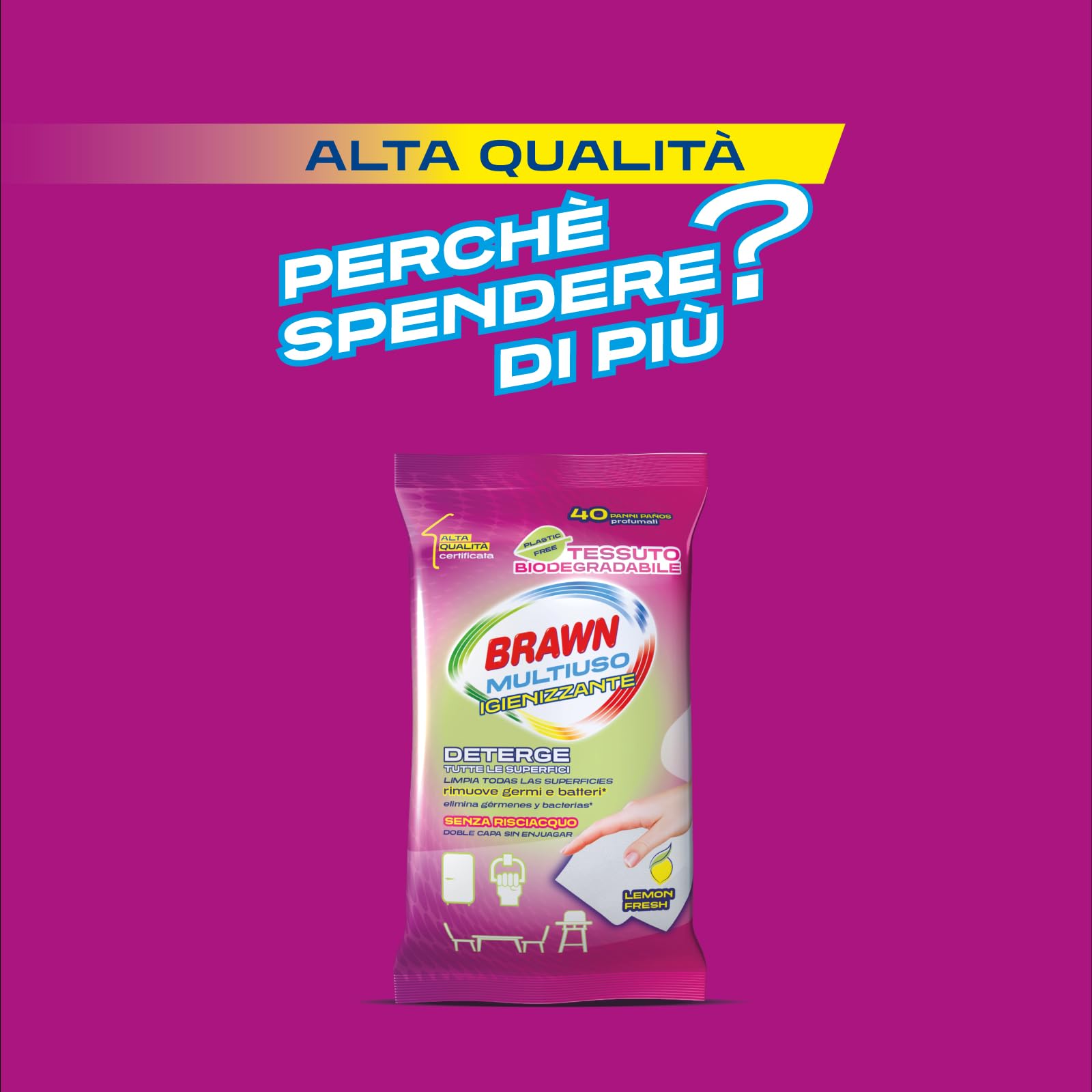 Brawn Multiuso Igienizzante, Detergono Tutte le Superfici e Rimuovono Germi e Batteri, Profumo Lemon con Tessuto BioDegradabile, Doppia Superficie Pulente Senza Risciacquo, Confezione da 40 panni - 5