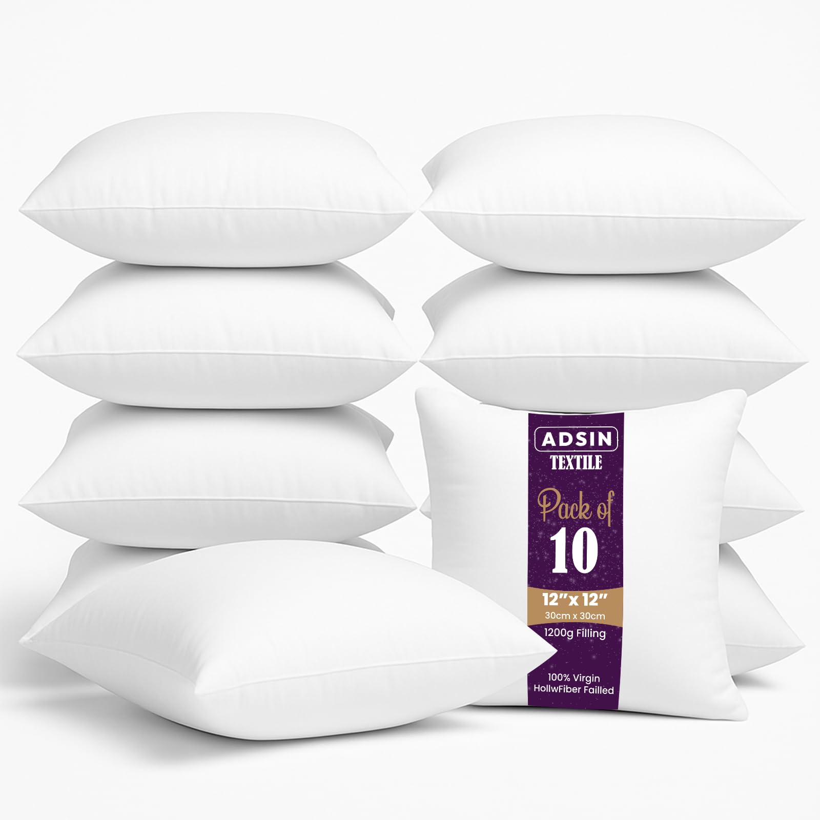 Set of 10 – 30cm x 30cm Hollowfibre Cushion New White Pad Inner Stuffer Pillow Polyester Insert Square Hypoallergenic (Pack of 10 | 12" x 12")