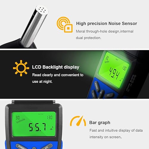 Miniatura 3 de BTMETER Medidor de nivel de sonido de precisión, probador digital de decibelios para medición de volumen de ruido de 30  130 dB con peso rápidolento