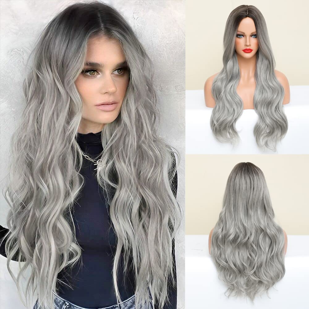ISHINE24 inch Long Omber Silver Grey Wig, Middle Part Natural Looking Synthetic Wig, Curly Wavy Wigs, Hair Replacement Wigs for Daily Cosplay Party Halloween Costume (Ombre Silver Grey)