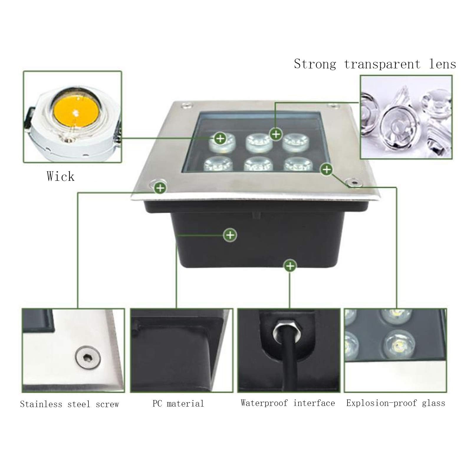 Foco empotrable para Exteriores, Foco LED para Exteriores, luz empotrada para Exteriores, IP66, Resistente al Agua, luz empotrada para Exteriores, Blanco cálido,Warm White-9W