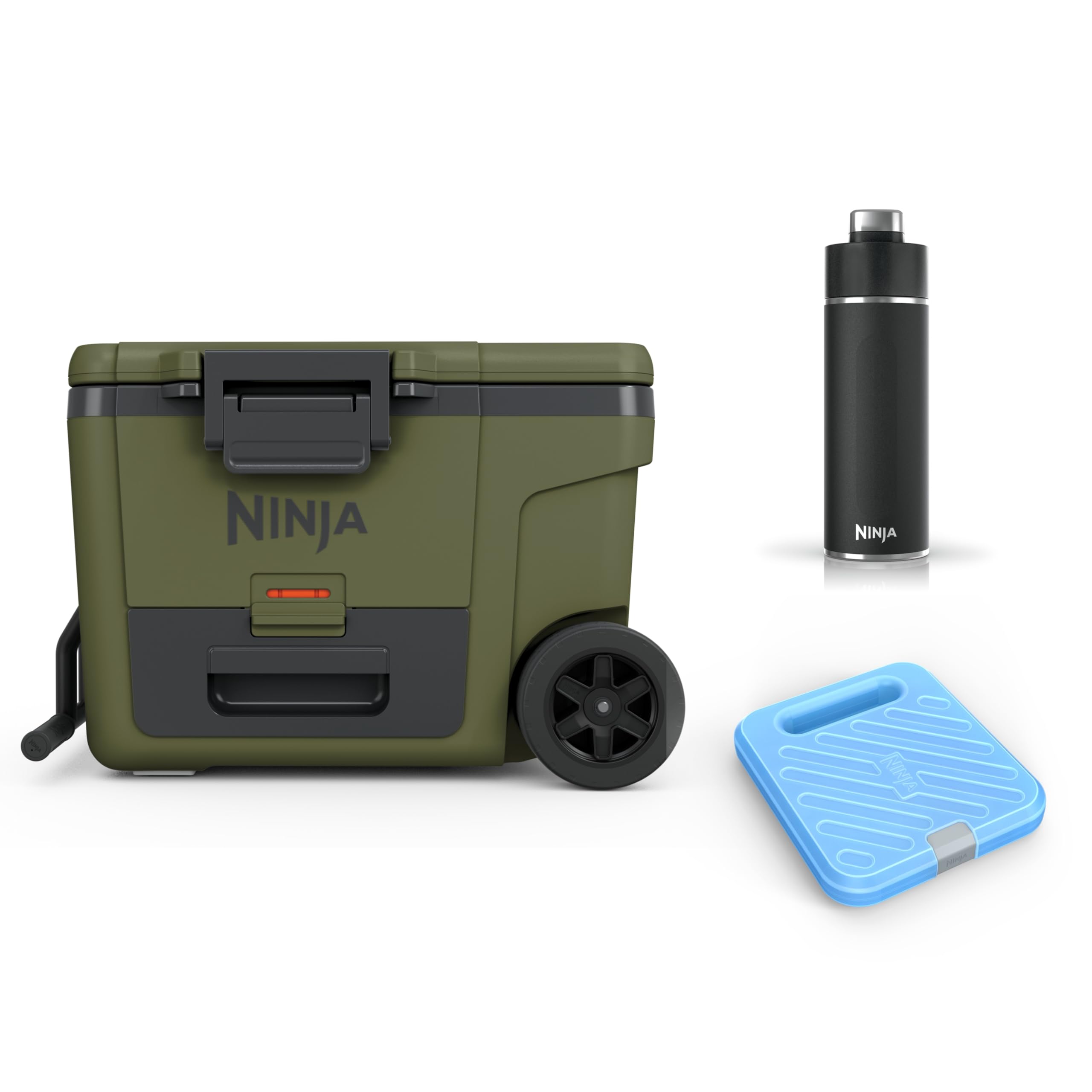 Ninja Ninja FrostVault Heavy-Duty Insulated Cool Box with Ninja Thirsti Bottle 530ml & Large Ice Pack, Wheeled Premium Cooler with Dry
