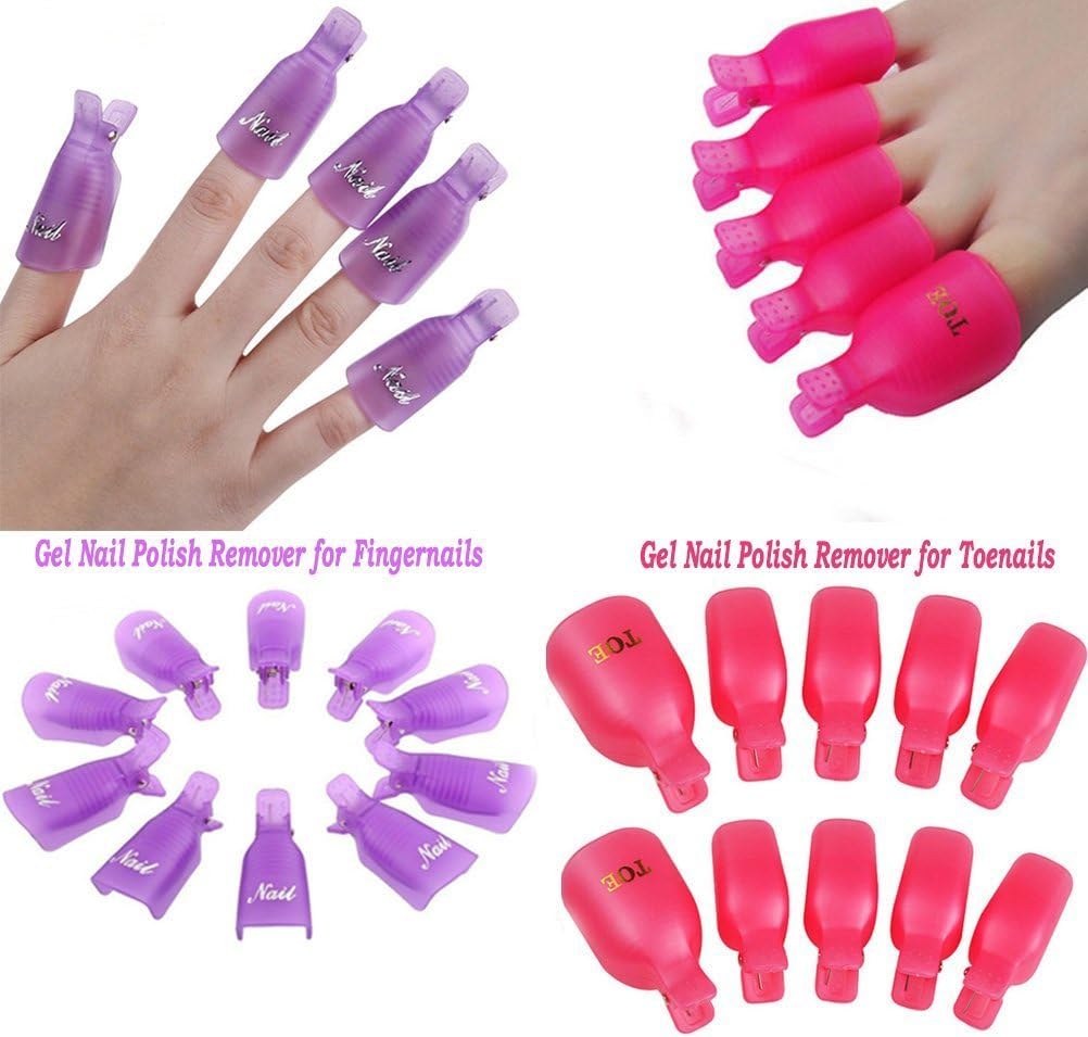 20 Pieces Acrylic Toenail Nail Art Soak Off Clip Cap UV Gel Polish Remover Wrap Nail Tool, Pink and Purple