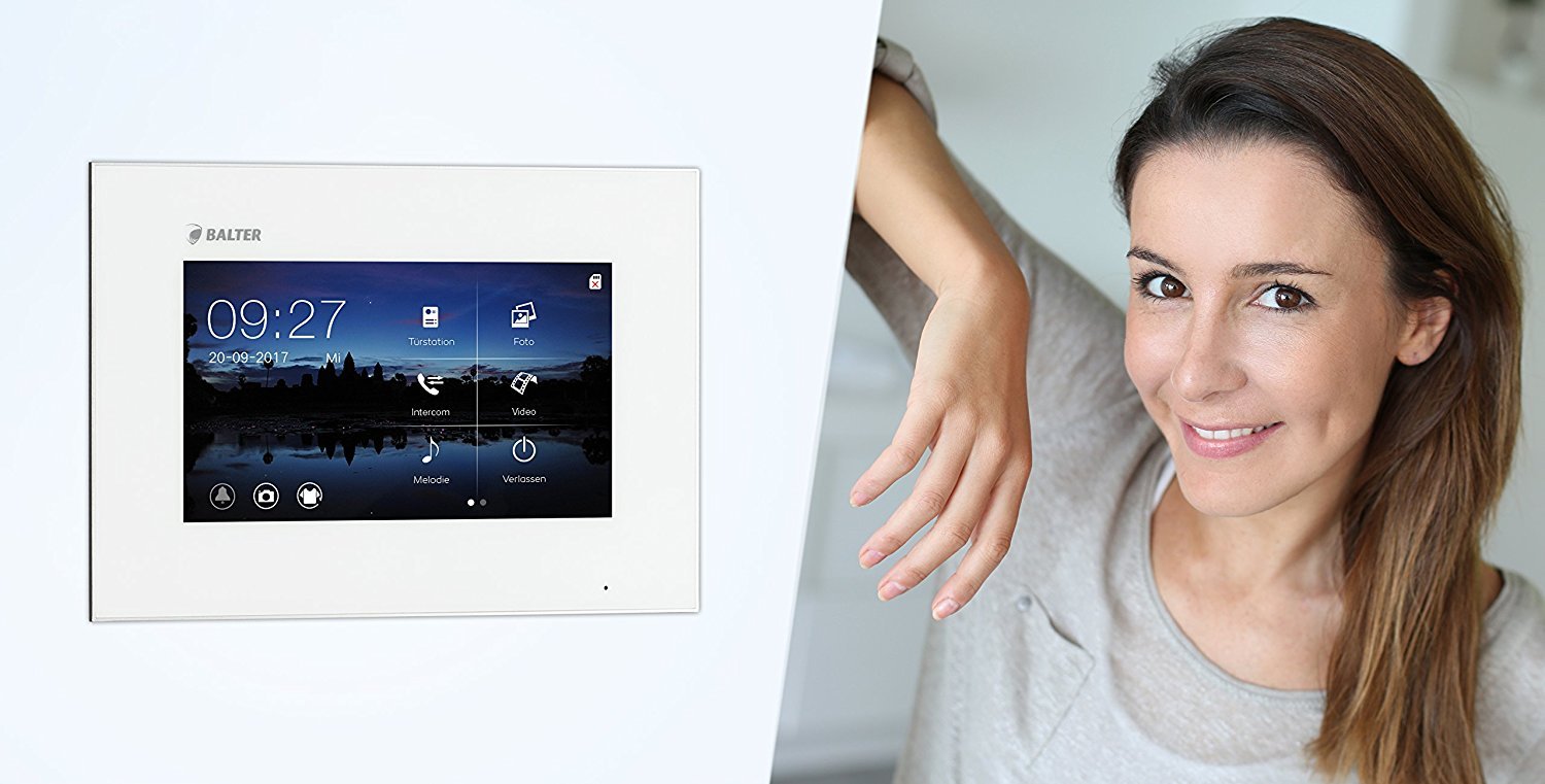 Balter EVO Video Türsprechanlage, Touchscreen, 7 Zoll Monitor, Smartphone App, 2-Draht Bus, Aufputz Türstation für 1 Familienhaus, 1 Türklingel, RFID Funktion (2 Monitore, Ohne App)