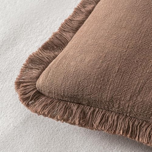 Image of MIULEE Decorative Throw Pillow Covers Neutral Linen Fringe Throw Pillows Euro Shams Set of 2 Dark Coffee Boho Farmhouse Cushion Covers for Couch Sofa Bed Living Room Fall Home Decor 28x28 Inch