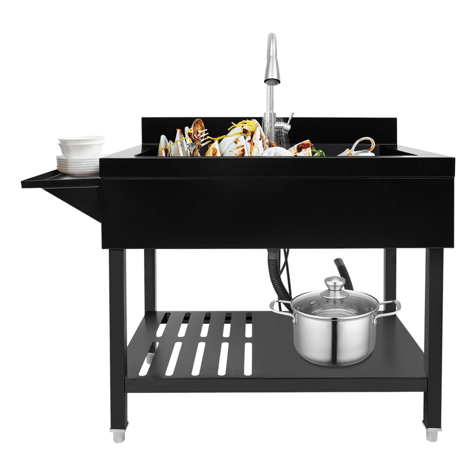 Freistehende Edelstahl Spültisch, Großer Gewerbliche Spülbecken | Küchenspüle mit Wasserhahn & Ablassvorrichtung, bis Tragfähigkeit 150kg, 90 x 57 x 94 cm (Schwarz)