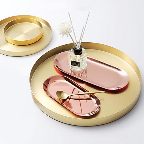 Miniatura 6 de Lainrrew 2 bandejas de toallas de acero inoxidable, bandeja organizadora de joyas doradas, bandejas de tocador para lavabo, bandeja decorativa