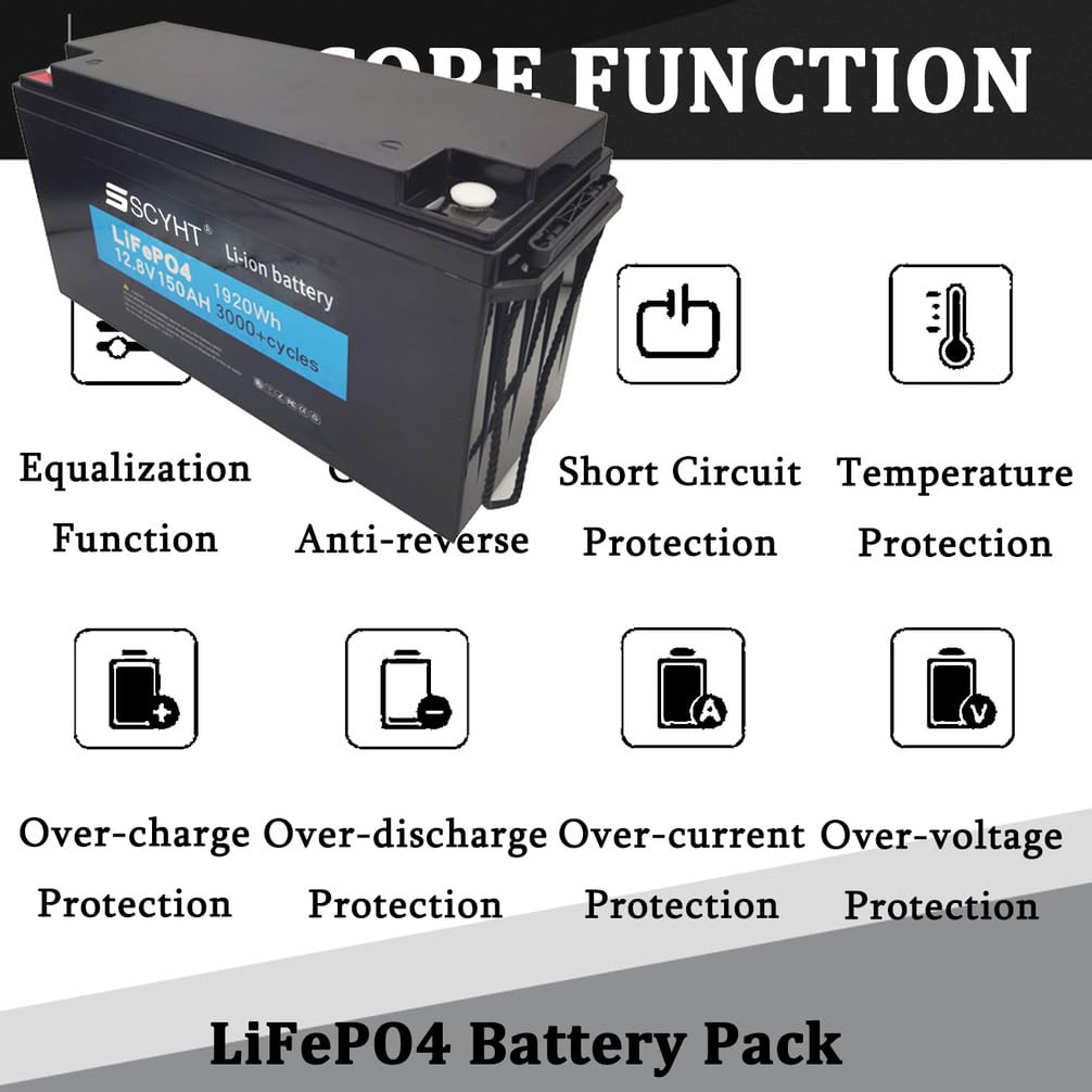 Batería LiFePO4 12,8 V Batería de Litio 150 Ah Baterías solares 12,8 V Baterías Recargables para carritos de Golf, energía Respaldo para Motores 250 W a 2000 W con BMS