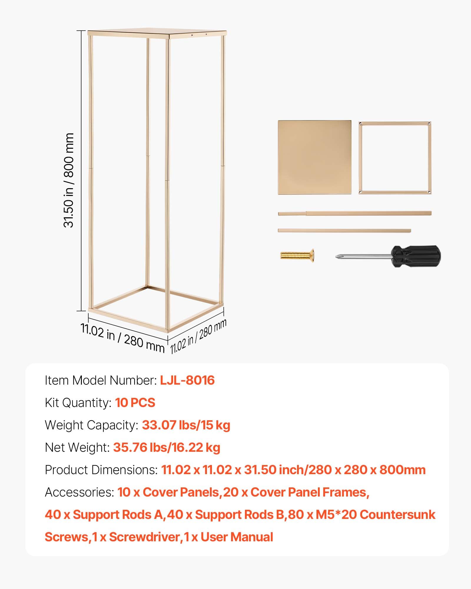 VEVOR Support Fleur Mariage Colonne Lot de 10 Support Fleur Centre Table Mariage 80 cm Présentoir Floral Rectangulaire pour Fêtes, Anniversaires, Décoration Intérieure, avec Panneau Métallique, Doré