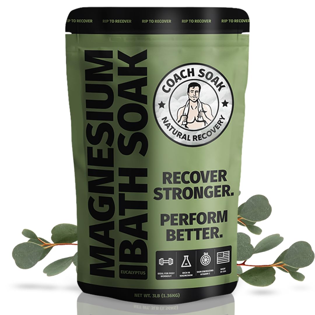 Coach Soak: Recovery Bath Soak β Rejuvenating Post Workout Natural Magnesium Flakes - 21 Minerals, Essential Oils & Dead Sea Bath Salts - Absorbs Faster Than Epsom Salts, 1.36kg (Eucalyptus)