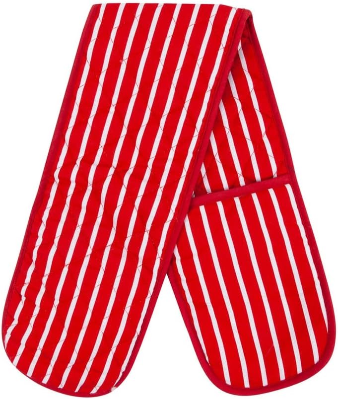 Red Double Oven Gloves Heat Resistant Oven Mitts for Home Kitchen Baking and Cooking, Butchers Stripe Pot Pan Tray Double Oven Gloves, Heavy Duty Cooking Oven Gloves (Red)