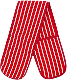 Red Double Oven Gloves Heat Resistant Oven Mitts for Home Kitchen Baking and Cooking, Butchers Stripe Pot Pan Tray Double Oven Gloves, Heavy Duty Cooking Oven Gloves (Red)