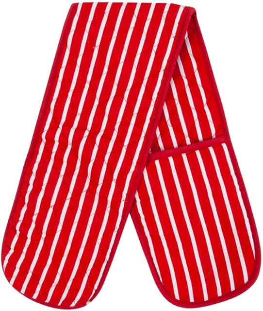 Red Double Oven Gloves Heat Resistant Oven Mitts for Home Kitchen Baking and Cooking, Butchers Stripe Pot Pan Tray Double Oven Gloves, Heavy Duty Cooking Oven Gloves (Red)