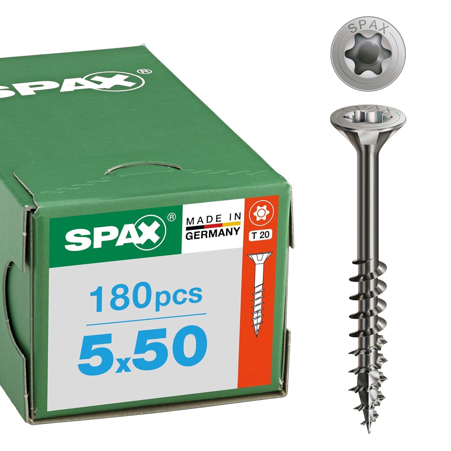 Spax stainless steel screw 5 x 50 mm, pack of 180, partial thread, countersunk head, T-star plus T20, 4CUT, A2 stainless steel, 8000000287893 โ image 1