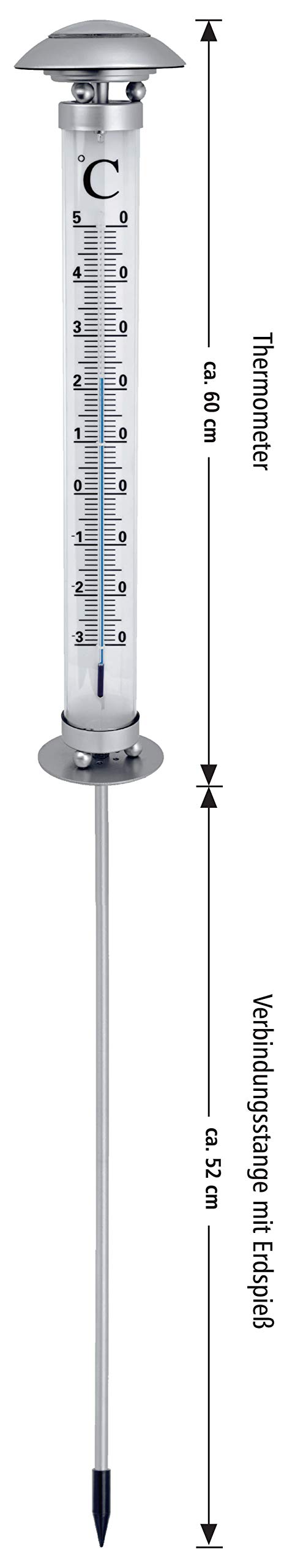 Solar Gartenthermometer mit LED-Beleuchtet | 112cm groß | kalt-weiß beleuchtet | Außenthermometer mit Erdspieß | wetterfest