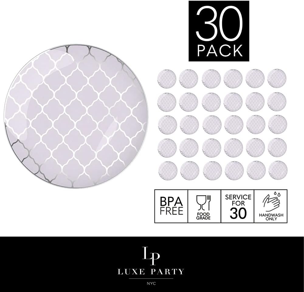 LUXE PARTY NYC Plastic 30 Pack Dinnerware Plates | Disposable| 10.25" | Dinner Plate | Dinner | Buffet| Partyware| Party Supplies | Holidays | Sliver Lavender