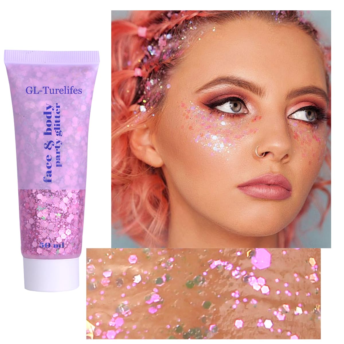 Gel per il corpo, Mardi Gras Face Glitter Make up, scintillanti glitter per capelli grossi, cantanti concerti festival, accessori rave sirena glitter per il viso (#03 rosa)