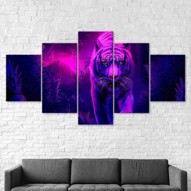 5 piezas de arte de pared Paisaje del bosque púrpura del tigre místico impresión de lienzo de pared arte pintura,impresión en lienzo 5 piezas cuadro sobre lienzo,cuadro en lienzo impresión 150x80cm