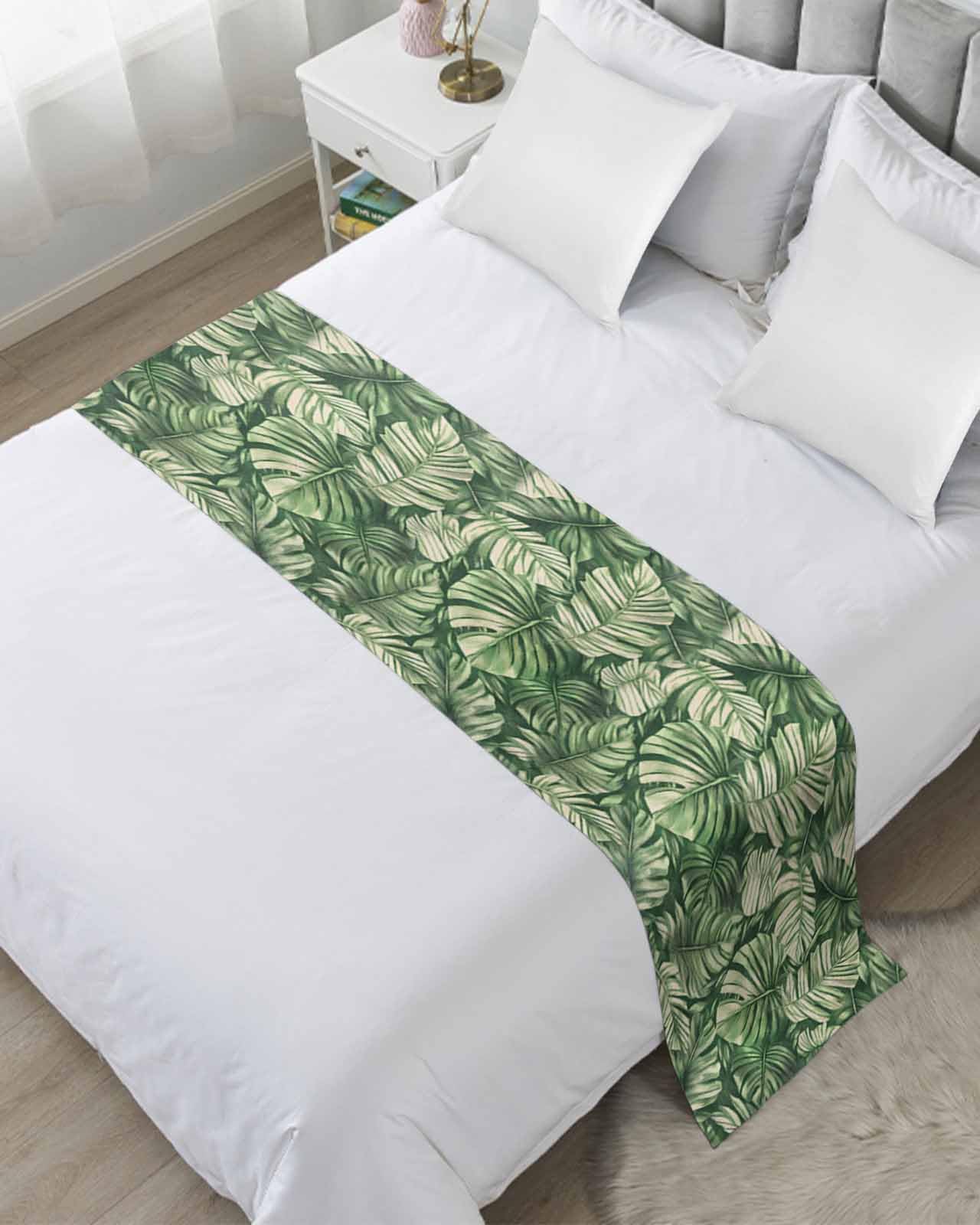 DecorLovee Tropical Leaves Bed Runners for King Size Bed, Decorative Bed Throws for Foot of Bed, Watercolor Retro Country Summer Leaf Bed Runner Sofa Throw Bedding Scarf Protector for Bedroom