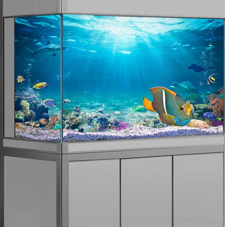 Image of 24X12IN Aquarium Under The Sea Coral Reef Scenery Backdrop Terrarium Underwater Marine Organism Fish Tank Background With 10EVA Double-Sided Tape, Blue02