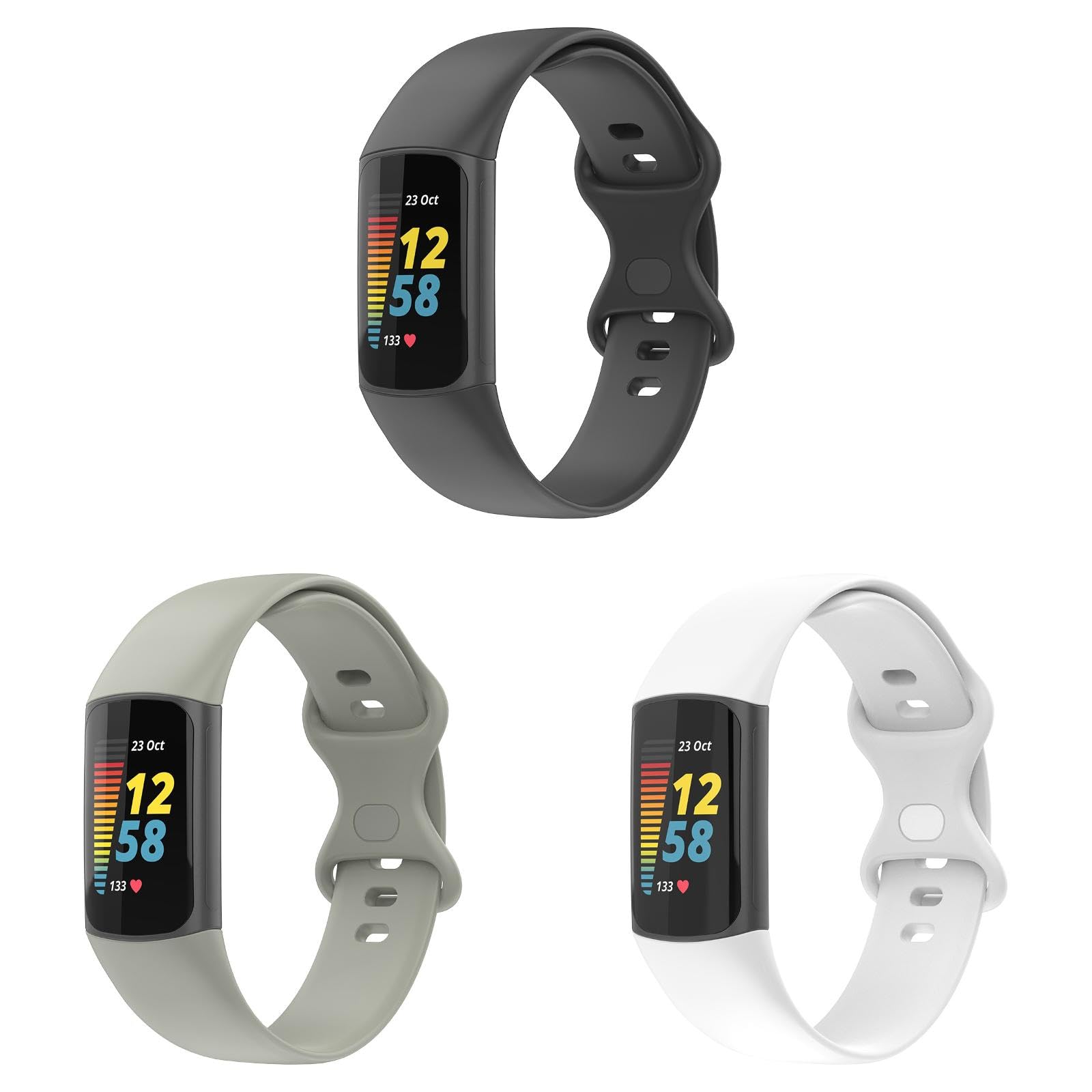 Straps Compatible with Fitbit Charge 6/Charge 5 Strap, 3 Pack Adjustable Replacement Wristband Soft TPU Sport Band for Fitbit Charge 6 Activity Tracker, (Large, Black/Gray/White)
