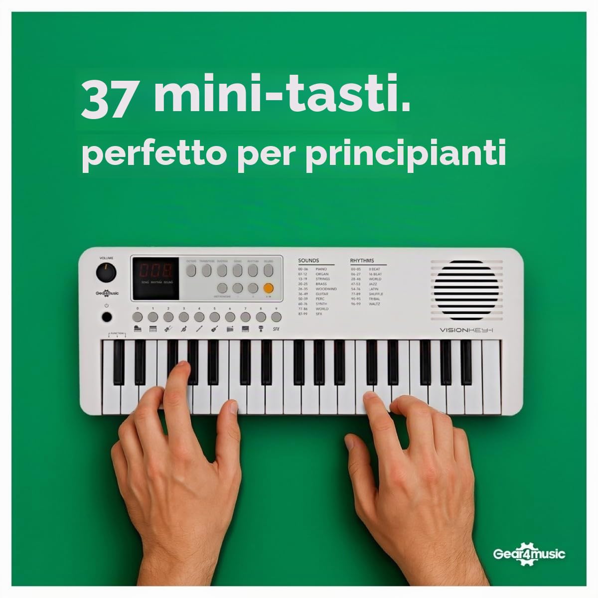 VISIONKEY-1 Mini Tastiera Digitale 37 Tasti per Bambini e Principianti | Piano Elettrico a Mini Tasti su 3 Ottave, 100 Suoni e Ritmi, Uscita Cuffie, USB-C o Batterie, Bianco