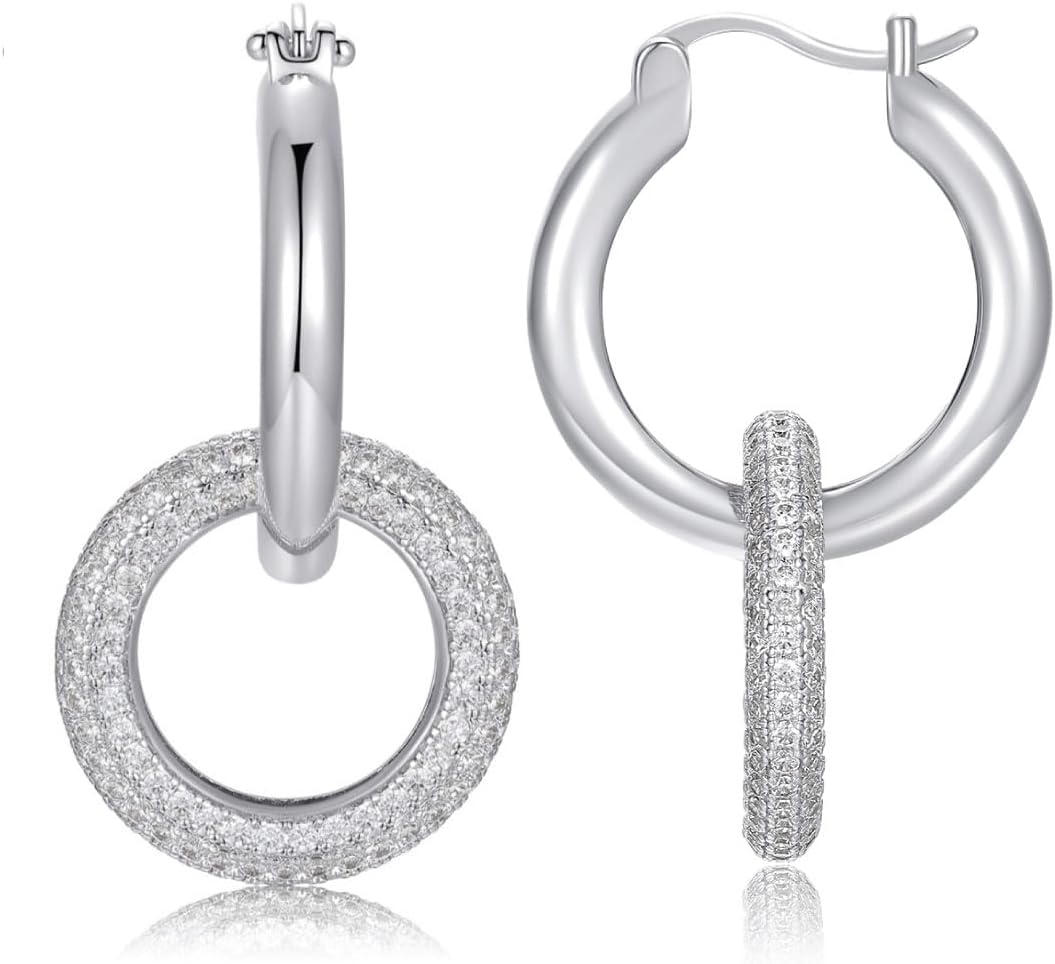 Double Hoop Chunky Drop Earrings | Removable Pave Crystal Interlocking Loop Earrings | Open Circle Round Hoop Statement Earrings | CZ Drop Dangle Earrings