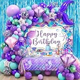 SNLN 139Pcs Mermaid Birthday Party Decorations Supplies for Girl Kid, Mermaid Balloon Arch & Backdrop Tablecloth Fringe Curtain Tail Shell Star Foil Balloon, Princess Themed Mermaids Party Decoration
