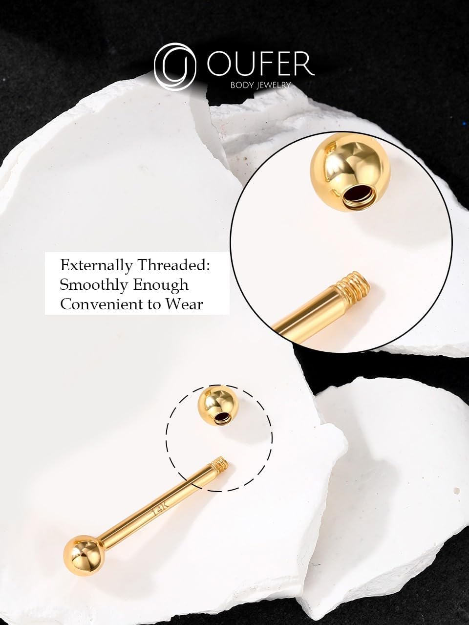 OUFER Gold Nipple Rings - 2 Pack 14G Nipple Barbells, 14K Solid Gold Jewelry for Women and Men