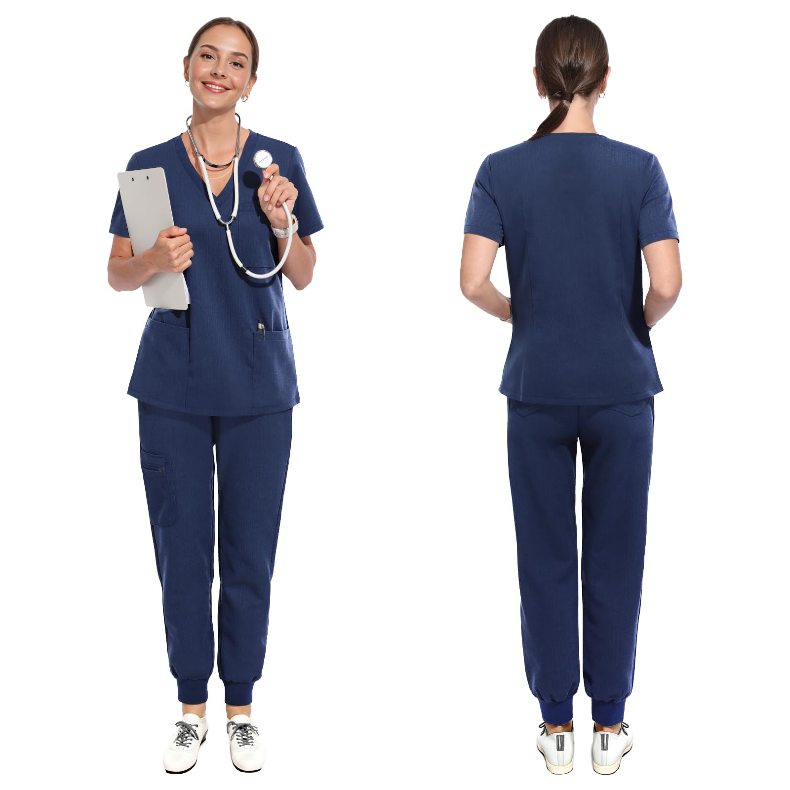 Scrubs for Women Set Medical Uniform - Stretch Slim Fit V-Neck Scrub Top & Jogger Pant with 9 Pockets