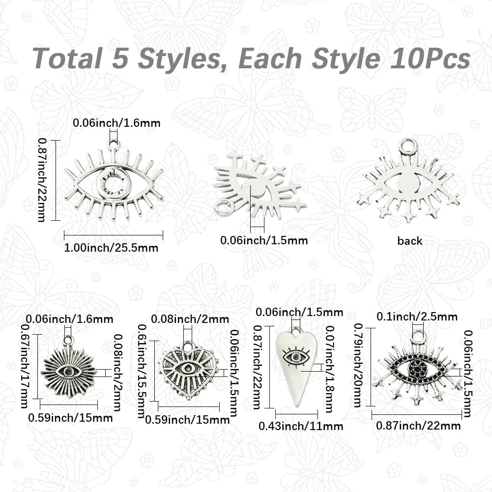 SUNNYCLUE 1 Box 50Pcs 5 Styles Silver Eye Charms Metal Evil Eye Charms Antique Tibetan Metal Alloy with Sun Heart Dangle Pendants for Jewelry Making Supplies Bracelets Necklace Earrings DIY Crafts - Image 2