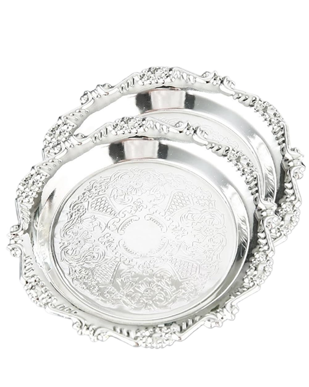 Photo 1 of SEEK RARE Silver Decorative Tray Set of 2, 8'' Round Vintage Metal Vanity Tray for Perfume, Small Ornate Jewelry Dish, Bathroom Counter Organizer, Coffee Table Decor