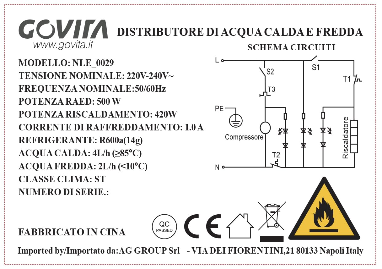GOVITA Water Dispenser Boccioni Refrigerante Colonnina da Terra Bianco
