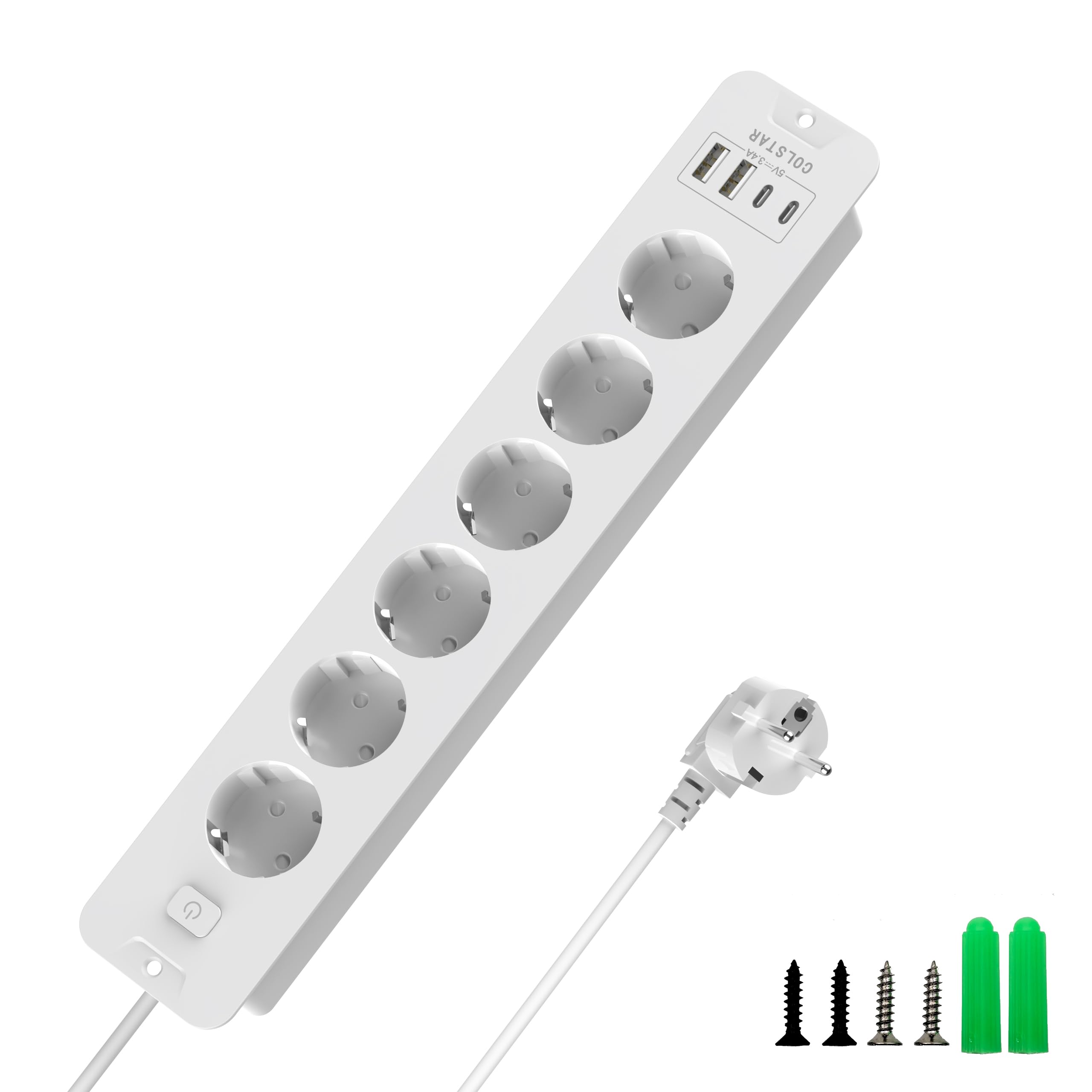 Versenkbare Steckdosenleiste 6-Fach mit 4 USB (2 USB-C, 2 USB-A), 16A, 2 m Kabel, Energiesparschalter – Unsichtbare Einbausteckdose für sauberen Schreibtisch