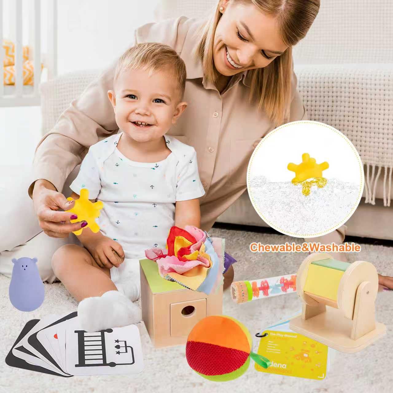 Adena Montessori Kit de Juego para bebés de 0 a 6 Meses, Kit de Aprendizaje 9 en 1 Que Incluye Tarjeta en Blanco y Negro, sonajero Rainmake de Lluvia, Bola sensorial, Tambores de Boca Abajo, Caja de