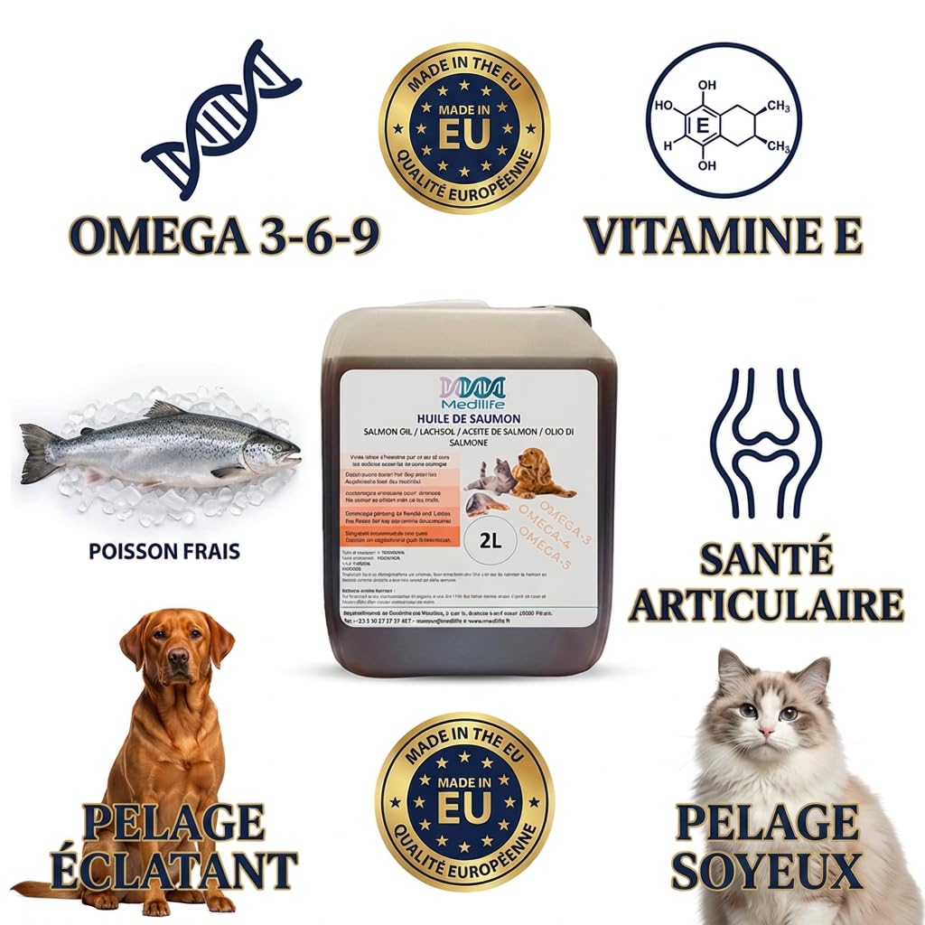 2L Huile de Saumon 100% Naturelle pour Chiens, Chats et Chevaux, Riche en Oméga 3-6-9 et Vitamines