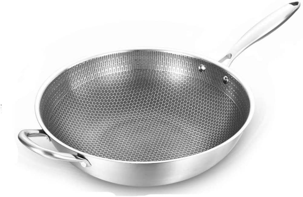 wok, Patelnia Wok ze stali nierdzewnej z powłoką zapobiegającą przywieraniu, patelnia, kuchenka gazowa i indukcyjna, narzędzie kuchenne(34cm)