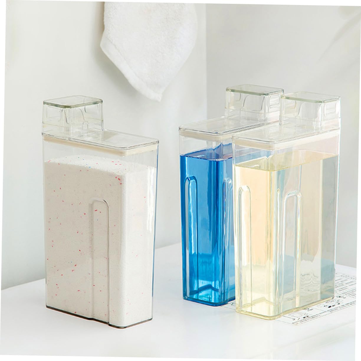 Dispenser Detersivo Trasparente da 2 Pezzi in Pet Grande Capacità e Design Compatto per Lavanderia, Contenitore Pratico per Sapone Lavatrice e Detersivo in Polvere