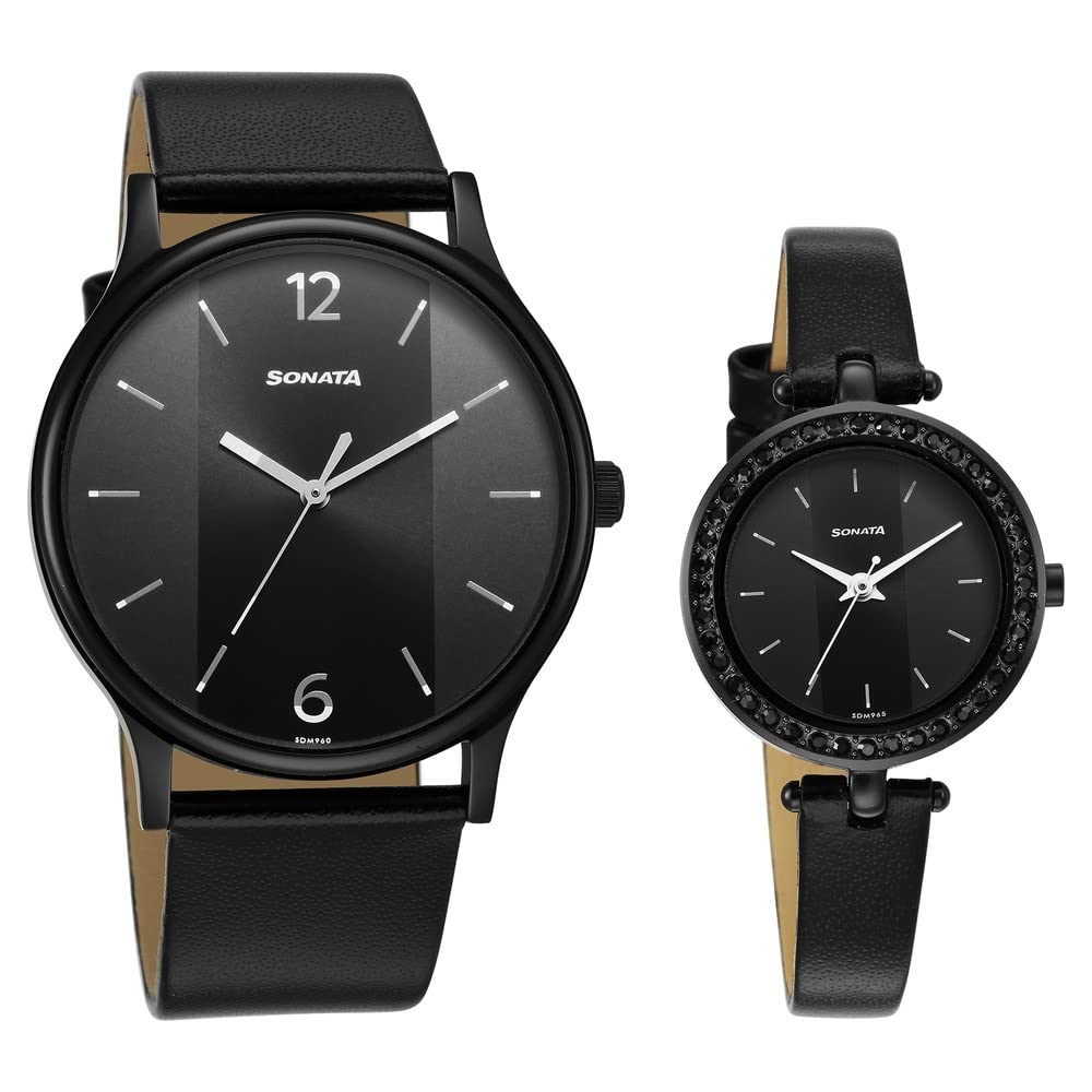 Sonata Quartz Analog Black Dial Leather Strap Watch for Couple-NS7710587041NL01P (B0BS3XCJ6V) Amazon Price History, Amazon Price Tracker