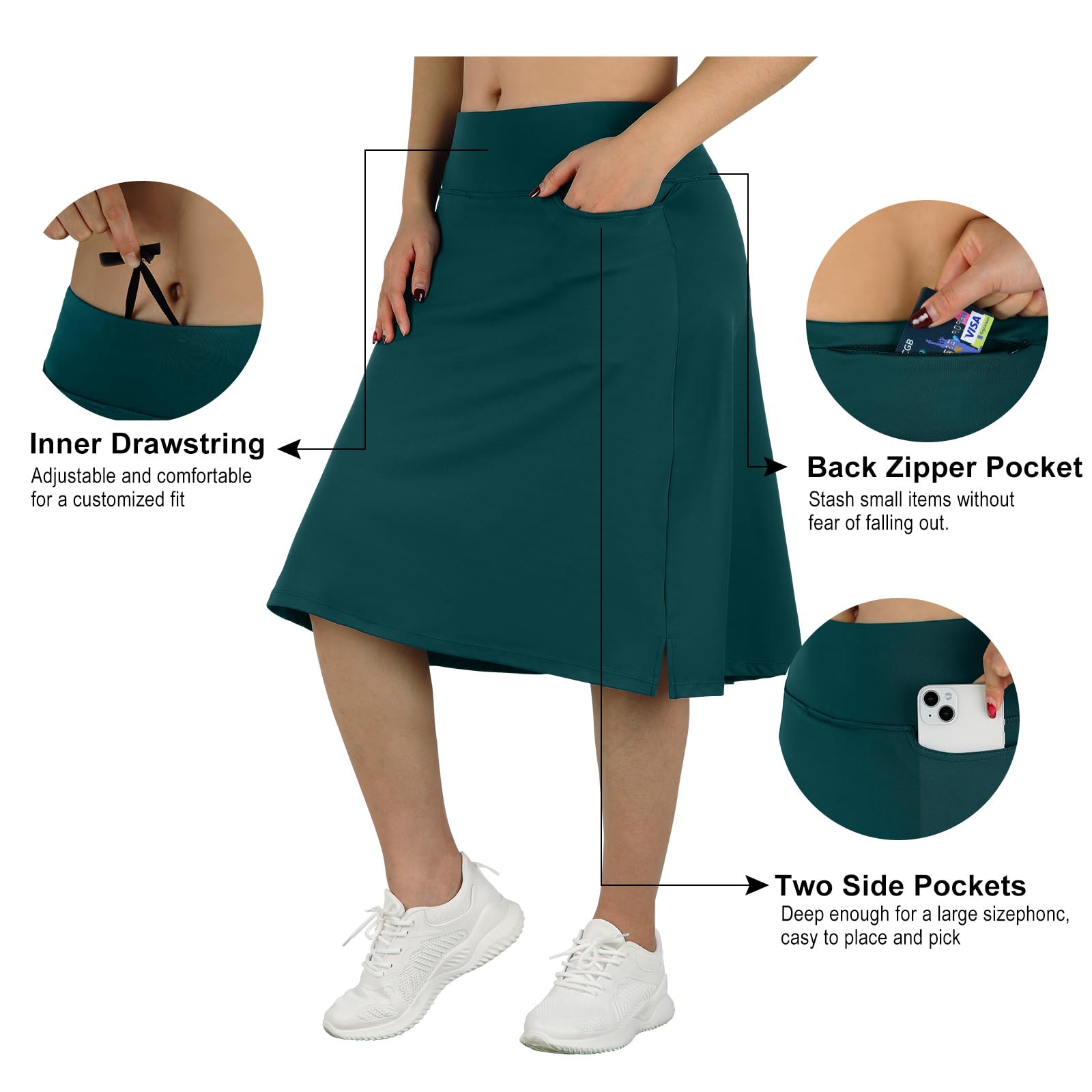 Knielange Skorts für Damen mit Taschen, Midirock mit integrierten Shorts, Golf, Tennisrock für Freizeit