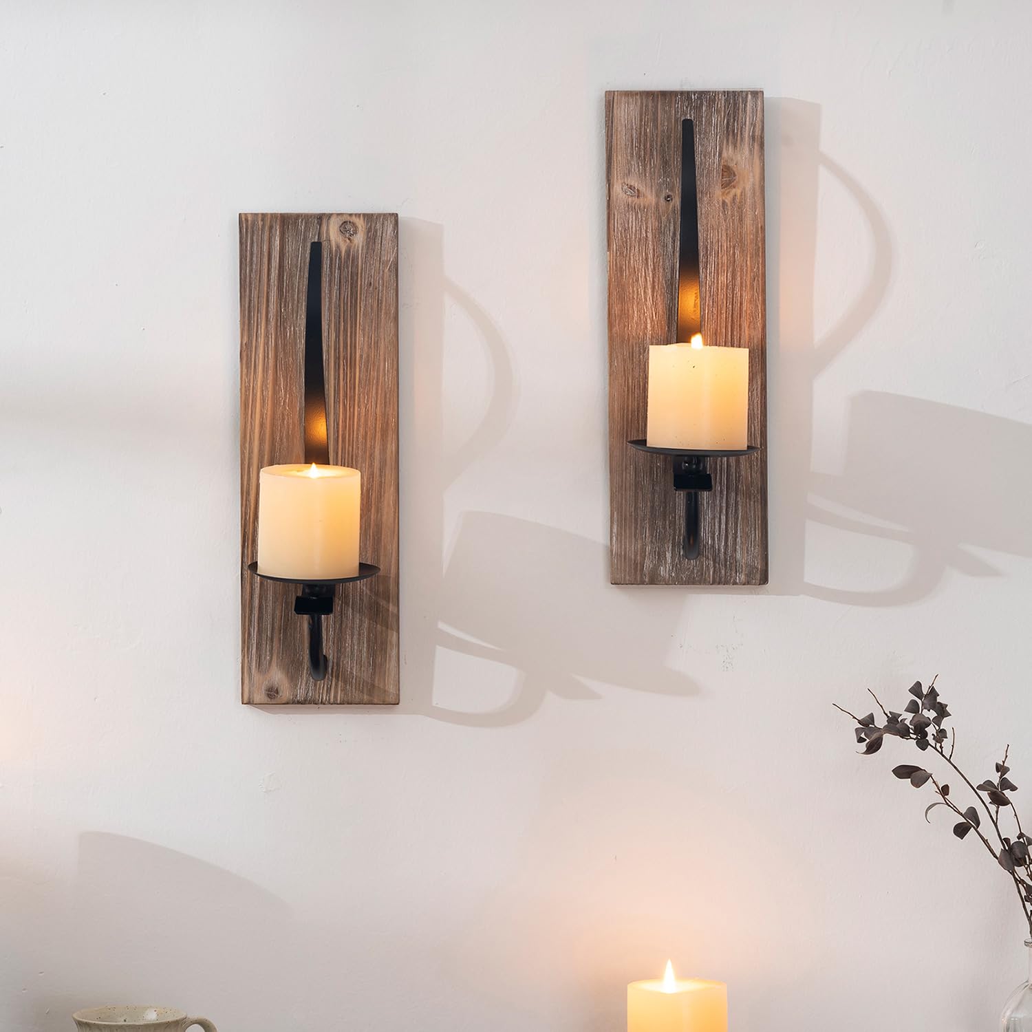 2 Stück Kerzenhalter Wand Wandkerzenhalter Schwarz Metall Holz Wandhalterung Kerzenständer Deko für Kerzen Vintage Wanddeko Wandkerzenhalter
