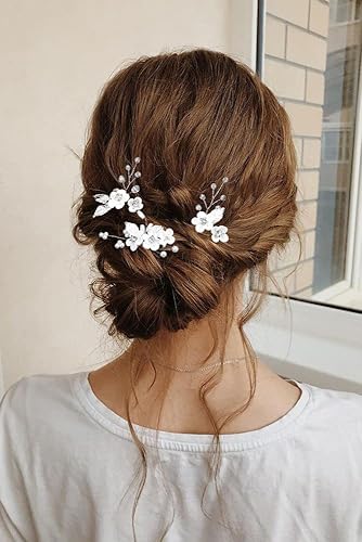 Miniatura 5 de Unicra Alfileres de pelo de novia de plata con diseño de flores de novia, tocado de perlas y diamantes de imitación, accesorios para el cabello para