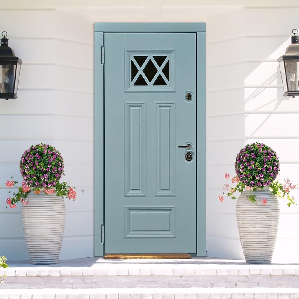 JOYWU Artificial Flower Topiary Ball Set of 2, Rose Flower Boxwood Balls Plant, UV Resistant Faux Boxwood Decorative Balls for Backyard Balcony Garden Wedding Outdoor Home Décor (Purple, 9.84in)