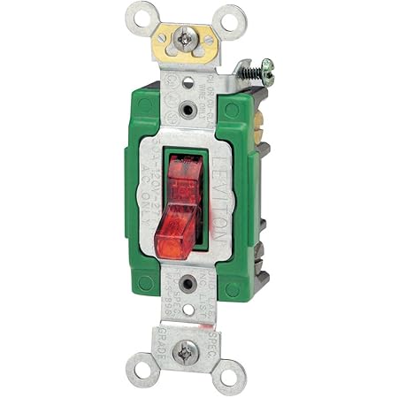 Leviton 3032-PLR 30 Amp, 120 Volt, Toggle Pilot Light, Illuminated On, Double-Pole AC Quiet Switch, Extra Heavy Duty Grade, Self Grounding, Back and Side Wired, Red