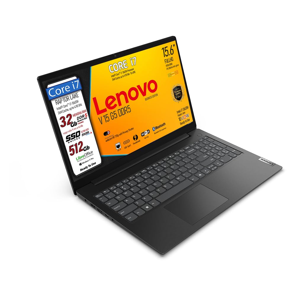Lenovo, pc portatile Notebook V15 G5, Intel Core i7 13620H,10 Core, Ram DDR5 32 Gb, Display 15,6" IPS FHD, SSD Pci Nvme da 512Gb, Wi-Fi 6, Bt, USB Type-C, Lan Rj45, WebCam FHD, Pronto all'Uso - 2
