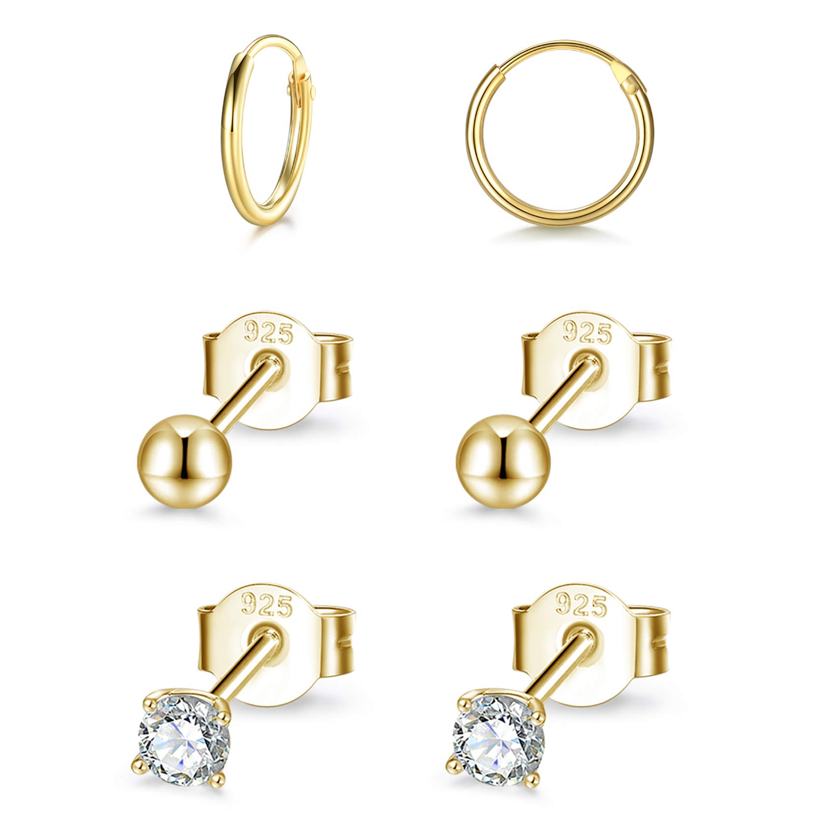 Sterling Silver Stud Earrings Small Cartilage Hoop Earrings for Women Men- 3 Pairs of Hypoallergenic Tiny 3mm Cubic Zirconia Round Ball Earrings & 10mm/12mm Cartilage Earring Hoops