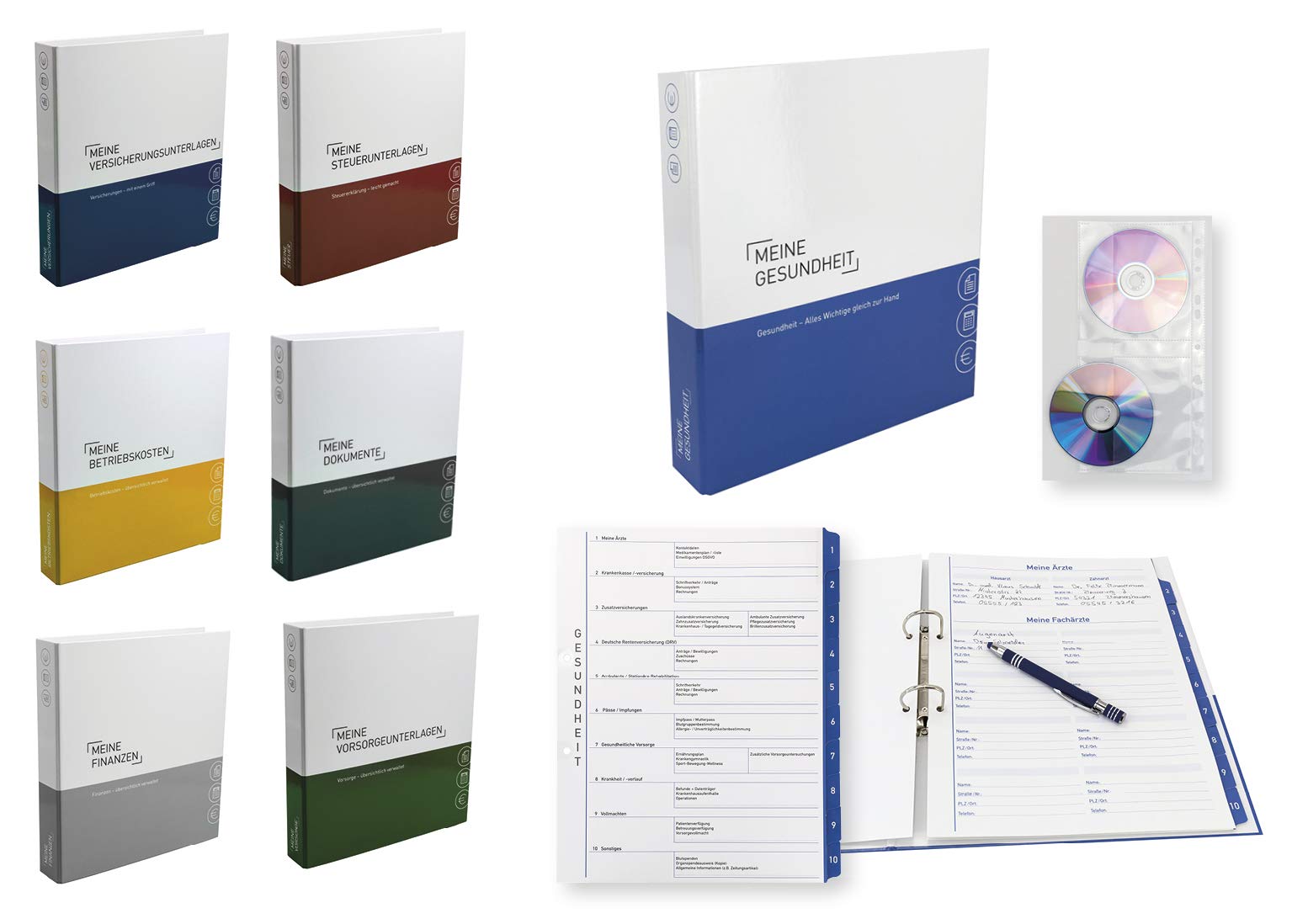 PLASTOREG Smidt GmbH 7er-Pack Themenringbücher mit Register für Versicherungen/Steuern/Vorsorge/Finanzen/Dokumente/Betriebskosten/Gesundheit, Optimale Struktur für die Ablage der wichtigsten Dokumente