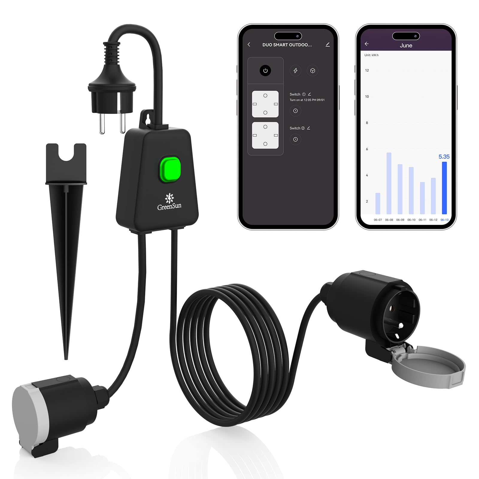 GreenSun Presa collegata Alexa per esterni, 16 A, tipo F, presa WiFi programmabile Smart Life APP, controllo vocale compatibile con Alexa e Google Home, contatore di energia, timer 16 A, 3840 W, IP44